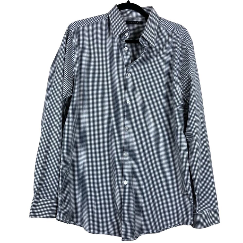 Theory Button Down Grey Gingham Plaid Men’s 16 Shirt Office Preppy Classic